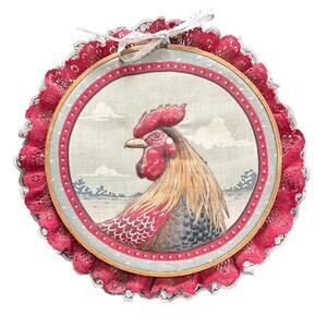 Vintage Cottagecore- Rooster- Quilted- Hoop Art Wall Hanging- Some wear- ruffles